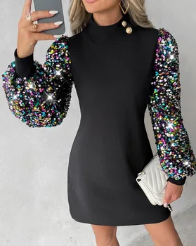 2023 Jeseň Nové Šaty Pre Ženy, Farba Sequin Kvet Čipky Lístkového Rukávy Pol Turtleneck Tenký Mini Šaty Módne Vestido Feminino