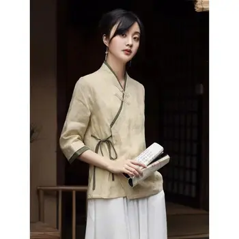 2024 nový čínsky štýl v krku tradičné ženy vintage oblečenie bavlnená posteľná bielizeň, blúzky, japonský štýl ženy elegantný čaj umenie hore