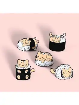 5 Ks/Set Sushi Ryže Loptu Mačka Smalt Kolíky Potravín Odznak Cartoon Brošňa pre Ženy Roztomilý Zvierat Klopě Pin Taška Anime Šperky Darček