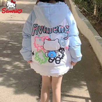 Anime Sanrio Hello Kitty Veci Žien s Kapucňou Bavlna Kabát Kawaii Zimné Dievčenské Cartoon Voľné Pribrala Škole Štýl Teplá Bunda