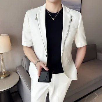 Boutique pánskej Módy Bežné kórejská Verzia Slim Trend Gentleman Mid-rukáv Zips Britský Štýl Posudzovaní Svadobné Sako