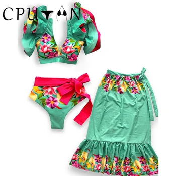 CPUTAN 2024 Prehrabať Sexy Push Up Vysoký Pás Bikini Set Plavky 3 Ks Plavky, Sukne Tlač Ženy Brazílskej Pláži BathSuit Šaty