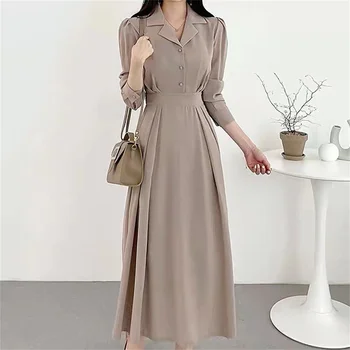 Dámske Elegantné tvaru Šaty 2023 Nové kórejské Módne Belted Pás Bublina Rukávy Šaty Laides Office Streetwear Dlhé Šaty