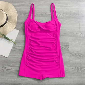 Dámske jednodielne Plavky Skladaný Plus Veľkosť jednofarebné Plavky Retro Uhlopriečka Golier dámske Letné plážové oblečenie plavky