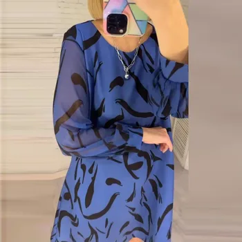 Elegantné O tvaru Oka Dlhý Rukáv Mini Šaty 2024 Vintage Vzor Tlače Voľné A-Line Šaty Jar Jeseň Úrad Bežné Party Šaty