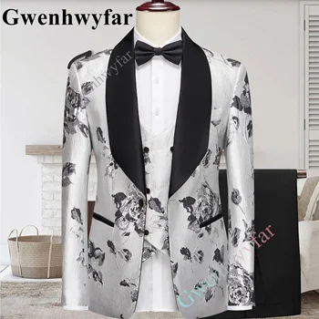 Gwenhwyfar Najnovší Dizajn Silver Textílie S Black Vzor Mužskej Obleky Pre Svadobné Tri Kusy Šatkou Klope Slim Fit Formálne Denne