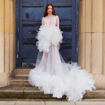 Haute Couture Biely Načechraný Tylu Šaty Ilúzie V Krku Viazané Prom Party Šaty pre Svadobné Fotenie Sprcha Šaty Formálne Šaty