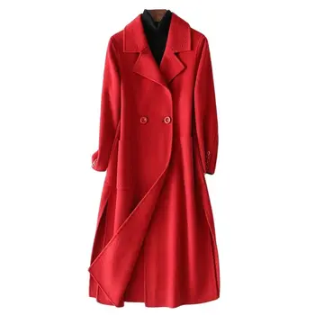 High-End Červená Žien obojstranné Cashmere Kabát Black Fashion Slim Fit Polovice Dĺžky Dvojradu Dve Tlačidlo Hepburn Štýl Kožušinový Kabát