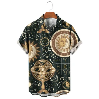 HX Módne pánske Košele Mesiac, Slnko Vintage Vzor 3D Vytlačené Bežné Tričko Krátky Rukáv Pláži Tričko Camisas Mužov Oblečenie