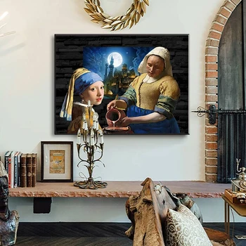 Jan Vermeer Slávny obraz Reprodukcia DIEVČA S PERLOU a Milkmaid Wall Art Obrázky pre Obývacia Izba Domova Plagáty