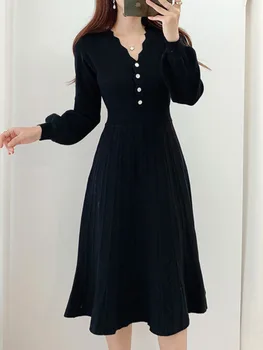 Jeden Kus Kórejský Skladaný Šaty 2023 Nové Jeseň Dlhý Rukáv Štíhla Žena, Pletené Svetre Vintage Elegantné Midi Party Šaty