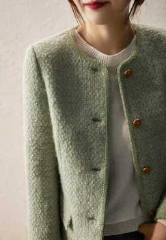 Jeseň Oblečenie Žien Klasické Zelené Coats Tweed Remeselníci Krátke Umelé Vlny Bundy Slim Outwear Dámske Vlnené Oblečenie Žien