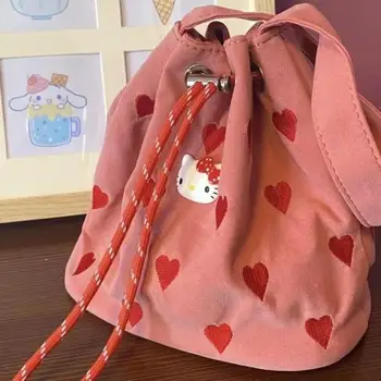 Kawaii Sanrio Anime Hobby Hello Kitty Cartoon Červená Lásku Tlač Prenosné Ramenný Crossbody Vedro Vrece Šnúrkou Taška Plátno