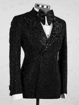 Kryštály Luxusné Muži Obleky 2 Kusy Sako Jedno Tlačidlo Korálkové Diamanty Prom Smoking Slim Svadby Ženích Plus Veľkosť Kostým Homme