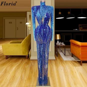 Kráľovská Modrá Formálne Príležitosti Šaty Dlhé Rukávy Večerné Šaty Plné Korálkové Večerné Šaty Luxusná Celebrity Šaty 2023 Abiye