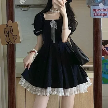 Kórejský Bežné Kawaii Mini Šaty Žien Krajky Čiernej Roztomilý Elegantné Party Šaty Letné 2021 Lístkového Rukáv Prehrabať Francúzsko Vintage Gotický