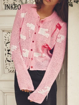 Kórejský štýl Žakárové kontrast cardigan pre ženy 2023 Jeseň zima Sladké O-krku pletený sveter Skokan Štíhly Ružová INKEO 3O249