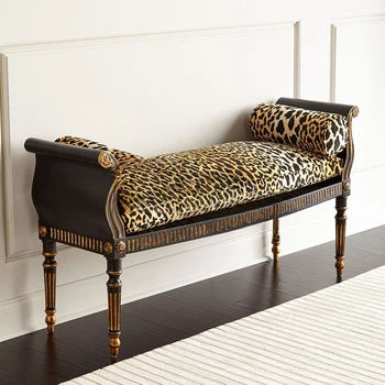 Masívne drevo vyrobené staré vyrezávané posteľ konci stolice, svetlo luxusné tkaniny leopardí vzor sedacia lavica, obuvi stolice, stolice montáž
