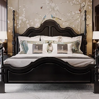 Masívneho dreva dub vintage staré dvojité vyrezávané malý byt princezná posteľ čierna 150/180 svadobné posteľ