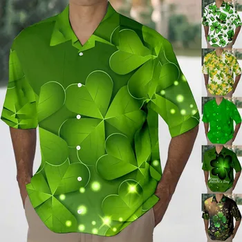Mens St Deň Tričko Slávnostné Zlato Štyri Leaf Tlač Zelená Klope Krátke Puzdre Tričko Luxusné Mužské Oblečenie