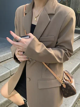 Nové Elegantné Khaki Sako pre Ženy Coats Jeseň kórejský Módne Malé Blejzre Žien Vyhovuje Bežné Dlhý Rukáv Top Kabát Oblečenie