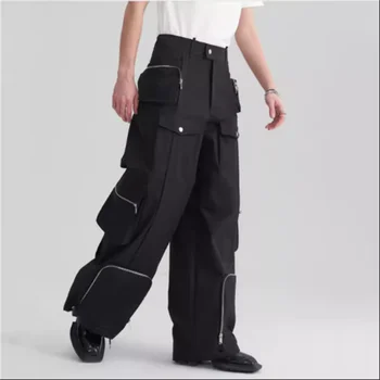 Nové pánske zips zdobené rovnou nôh nohavice bežné troch-dimenzionální vrecku voľné veľké veľkosti, jeseň, zima micro širokú nohu nohavice