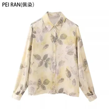 PEI RAN2023 jeseň nové pastoračné kvetinový malé čerstvé temperament Európsky a Americký štýl tlače hodvábny satén textúra tričko top