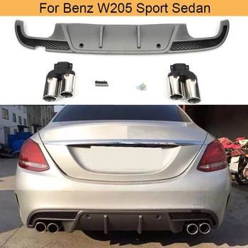 PP Zadný Nárazník Difúzor Pery s Výfukových Tipy na Mercedes Benz W205 Sport Sedan 4 Dvere 2015-2017 neštandardných Zadný Difúzor