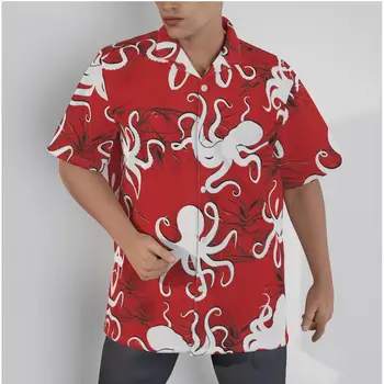 Pánske Havajské Červené Tričko Tvorivé Octopus Tlač Pláži Krátkym Rukávom Letné Bežné Tlačidlo Hore Patchwork Topy 3D Tričká