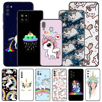 Rainbow Kawaii Jednorožec Silikónové Čierne Telefón Prípadoch pre Samsung Galaxy A54 5G A03 A04 A34 A01 A02 A50 A70 A40 A30 A20 S A10E Kryt