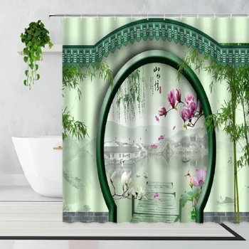 Retro Arch Dvere Sprchové Závesy Čínsky Štýl, Starožitný Rám Oblúky Nádvorie Prírodné Scenérie Kúpeľňa s Háčikmi Vaňa Opony