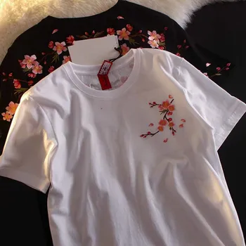 Ropa Mujer 2022 Letné tričko pre Ženy Ťažké Výšivky, Kvetinové Tees Voľné Bežné Bavlna Topy kórejský Elegantné Biele Tričko