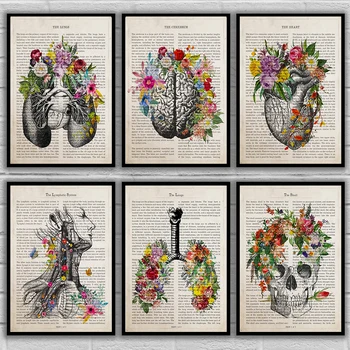 Ročník Anatómia Kvetinové Srdce, Mozog Wall Art Plátno na Maľovanie Retro Plagáty a Vytlačí na Stenu Obrázky Lekára Kliniky Dekor