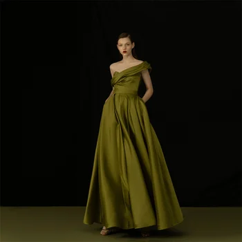 Ruolai Off-the-ramenný Večerné Šaty A-line Elegantný Dizajn Satin Strana Zelených Šatách pre Ženy L07