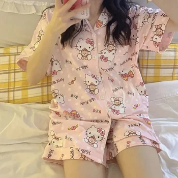 Sanrio Hello Kitty Lete Sladké Dievča Pajama Nastaviť Môj Melódie Anime Y2K Japonsko Krátky Rukáv Nohavíc Študentský Domov Oblečenie Žien Pijama