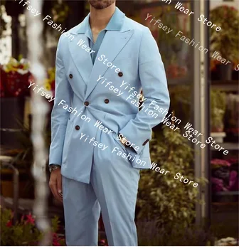 Svetlo Modrá Elegantný Set Oblečenia Dizajnér Muž Oblek Pre Chlapca Slim Fit, Nohavice Sako Oblečenie Na Mieru Svadobný Obrad Šaty