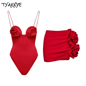 TYAKKVE Ženy Plavky Pevná Červená Pláž Nosiť 2024 Sexy jednodielne Plavky, Sukne Vintage Push Up Ruched Letné Kúpanie Oblek Šaty