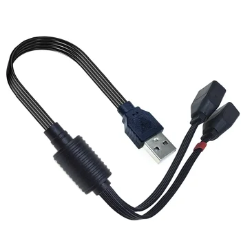 USB 2.0 2-v-1 predlžovací kábel, nabíjací kábel, adaptér z jednej zástrčky na dve zásuvky, USB dátový kábel, čierny plochý dĺžka 20 cm,40 cm