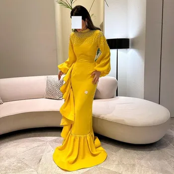 Vestidos De Fiesta Elegantes Para Mujer 2023 Vysoký Golier Korálkové Dlhé Rukávy Večerné Šaty Volánikmi Morská Víla Žltá Prom Šaty