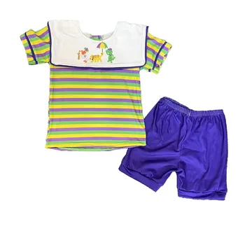 Veľkoobchod Deti Deti Mardi Gras Fialová Set Baby Girl Krátke Rukávy Tričko Dvojičky Pruhy Šortky Batoľa Oblečenie, Dojčenské Oblečenie