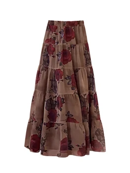 Vintage Kvitnúce Ruže Tlač Sukne pre Ženy Jeseň francúzsky Elastický Pás Kvetinový A - line Šaty