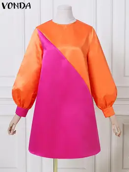 VONDA Ženy Jeseň Šaty 2023 Sexy Farba Patchwork Party Šaty Vintage Dlho Svietidla Rukáv Mini Šaty Voľné Bežné Vestido