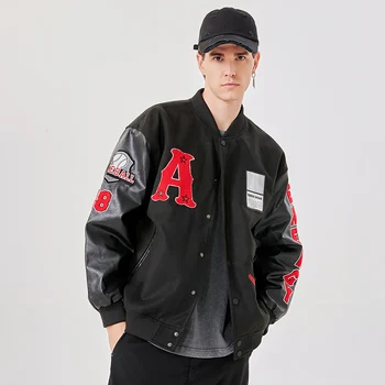 Voľné Hip Hop Mužov Výšivky Streetwear Baseball Varsity Jacket Čierna Vintage List Vlny a Umelú Kožený Kabát