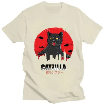 Vtipné Catzilla Japonsko Mačka Print T Shirt Muži Ženy Bežné T-shirts Letné Voľné Kvalitné Bavlnené Tričko Tričko Páry Streetwear