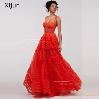 Xijun Červená Tylu Dlhé Večerné Šaty A-Line Volánikmi Volánikmi Sexy Šiat Prom Dĺžka Podlahy Prom Šaty Žien Party Šaty Vestidos