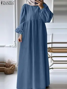 ZANZEA Jeseň Moslimských Dlhé Šaty Vintage Abaya IsIamic Hidžáb Vestido Ženy Dlhý Rukáv O-Krku Šaty Maxi Sundress Župan Femme
