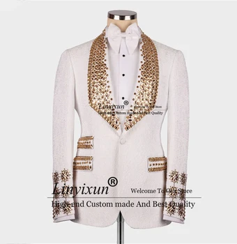 Zlata, Drahých Kameňov Biely Smoking Luxusné Korálkové Muži Obleky Obchodné Muž Blejzre 3 Ks Sa Nastaví Večeru Terno Masculino Completo