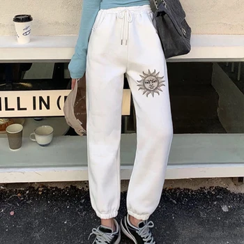Ženy Jogger Sweatpant Harajuku Sun Moon Print Biele Nohavice 2021 Šnúrkou Nadrozmerná Bežné Vysoký Pás Nohavice Jeseň Streetwear