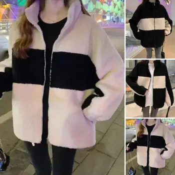 Ženy Kabát Colorblock Stojan Golier Zimný Kabát s Pribrala Fleece Vetru Zips Uzavretie na Plus Veľkosť Ženy Odolný Polovice