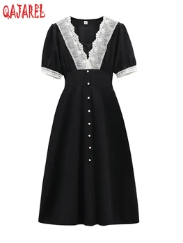 Ženy Kórejský Vintage Hepburn Čierne Dlhé Šaty Letné Módy Patchwork Čipky Krátky Rukáv Šaty 2023 Elegantné Bodycon Party Šaty